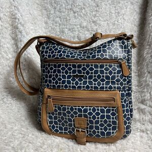 MultiSac Synthetic Navy Blue & White medium shoulder/crossbody bag brown trim